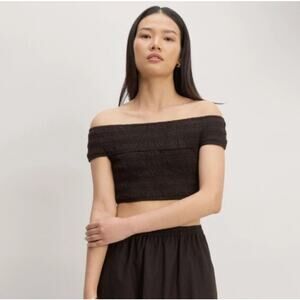 Everlane SZ L Organic Cotton Gauze Off Shoulder Smocked Top In Black NWT